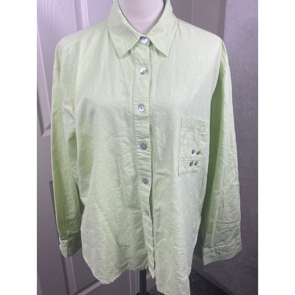Coldwater Creek Womens L Button Down Shirt Long Sleeve Green‎ Pocket Linen Blend